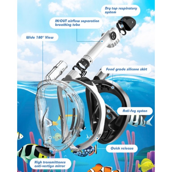 QingSong Kids Snorkel Mask Full Face, Snorkeling Set with Camera Mount, Foldable 180 Degree Panoramic View Snorkeling Gear Anti-Fog Anti-Leak (White/Black)
