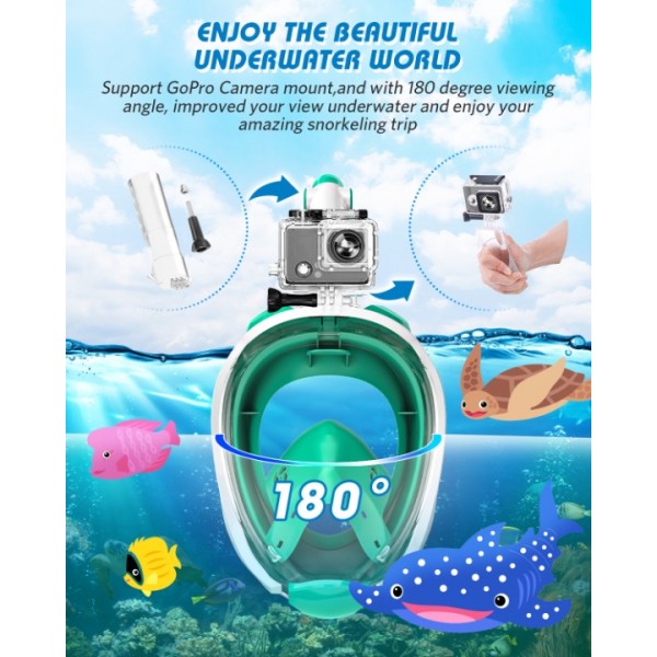 QingSong Kids Snorkel Mask Full Face, Snorkeling Set with Camera Mount, Foldable 180 Degree Panoramic View Snorkeling Gear Anti-Fog Anti-Leak (White/Green)