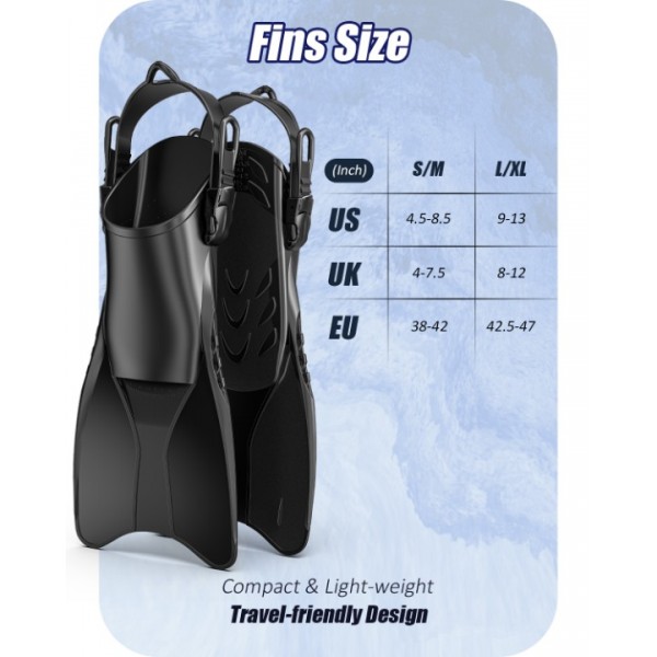 QingSong Swim Fins Snorkel Flippers Travel Size Short for Swimming Snorkeling Diving Scuba, Adjustable Open Heel Fins for Adult Women Men (Black)