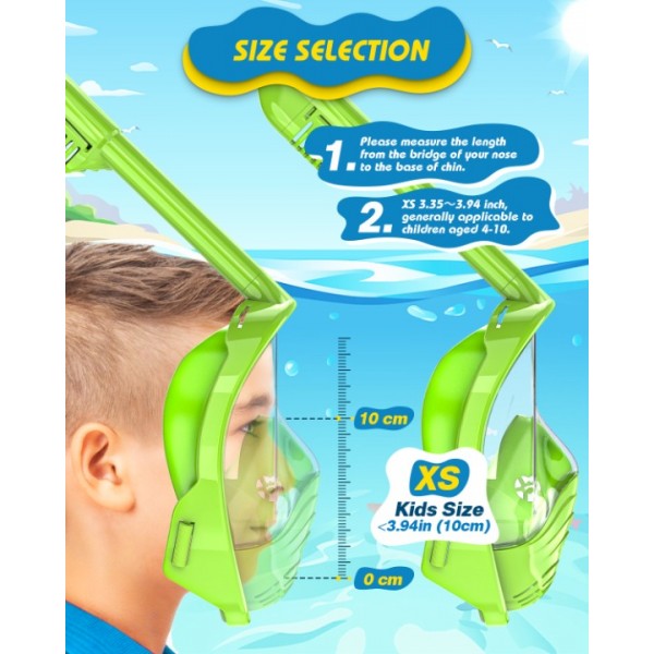 QingSong Kids Snorkel Mask Full Face, Snorkeling Set with Camera Mount, 180 Degree Panoramic View Snorkeling Gear Anti-Fog Anti-Leak (Lemon Green)