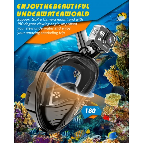 QingSong Full Face Snorkel Mask for Adults & Kids, Snorkeling Gear with Camera Mount, 180 Degree Panoramic View Snorkel Set Anti-Fog Anti-Leak (Black)
